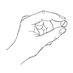 Hand holding pill sketch. Vitamins, antibiotic, pill, tablet, dietary supplement, lozenge concept. Medical first aid. Vector illustration isolated on white background.