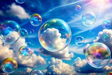 Sparkling Soap Bubbles Floating in a Sunny Blue Sky with Fluffy White Clouds - Stock Photo