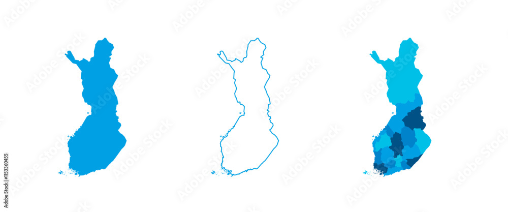 Poster finland set of three maps - solid map, outline map and map highlighting administrative divisions. th