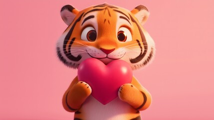 A Cute Cartoon Tiger Holding a Heart: Symbol of Love and Friendship in a Beautifully Bright Setting