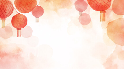 A vibrant watercolor-style Chinese New Year banner with rich red and gold hues blending seamlessly. Hand-painted motifs of dragon scales and lanterns fade into the background, giving a festive yet