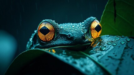 Close-up of a frog with golden eyes, sitting on a rain-soaked leaf at night.