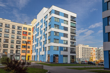 Modern apartment building with colorful facades on the outskirts of the city. Residential Complex 'In the forest', Moscow, Russia