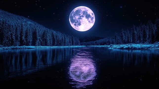 Moon Reflection. Levitating lamp Space id Frequency healing Sound bath Affirmations mirror Esg fintech Moonpay Internxt Glowday Casper crypto Bright full glowing over calm lake forest night
