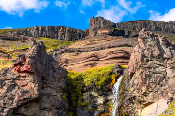 Obraz premium Aerial view of Hengifoss waterfall in Eastern Region, Iceland