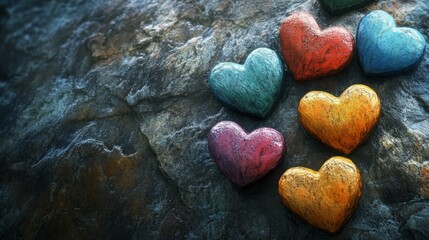 Obraz premium Colorful Stone Hearts Resting On A Dark Rock Surface
