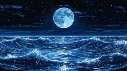 Moon Waves. Full moon shining over dark ocean waves at night, peaceful
