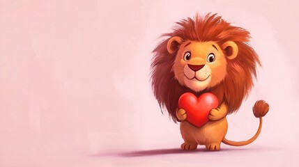 Fototapeta premium A Charming Lion Holding a Heart: Whimsical Illustration Captivating Hearts with Joyful Expression and Endearing Charm in a Playful Setting with a Soft Background in Pastel Hues