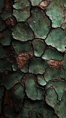 A close-up of textured, peeling green paint revealing an aged surface underneath.