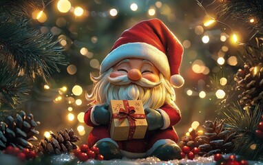 Obraz premium A cheerful holiday gnome holding a small wrapped gift, surrounded by pine cones and fairy lights