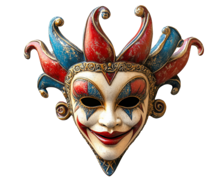 vibrant carnival mask with intricate red and blue designs, featuring jester like appearance and ornate details, isolated on transparency background