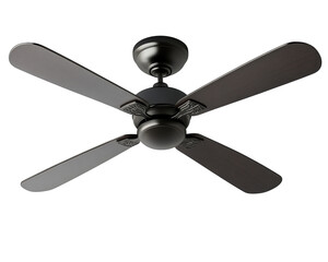 ceiling fan with four dark wooden blades and sleek black motor is isolated on transparency background, showcasing its modern design and functionality