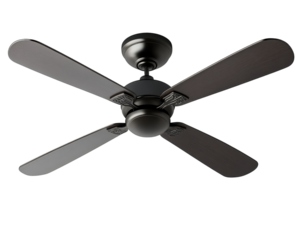 ceiling fan with four dark wooden blades and sleek black motor is isolated on transparency background, showcasing its modern design and functionality