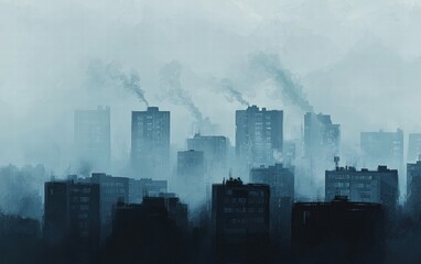 A cityscape shrouded in smog, with limited visibility and dull, muted colors emphasizing air pollution