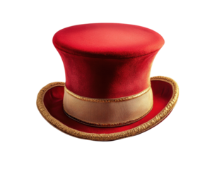 vibrant red circus ringmaster hat with gold trim, isolated on transparency background, showcasing its elegant and theatrical design. Perfect for costume or performance themes