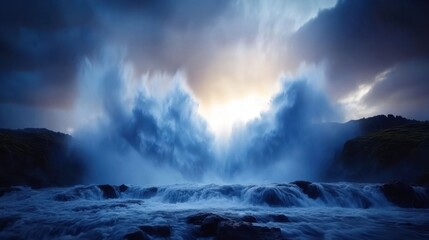 Fototapeta premium Majestic Waterfall Crashing Over Rocks at Dusk