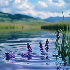 Lavender flowers floating on calm water with a mountain backdrop.