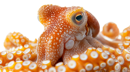 Close-Up of a Curious Octopus: A mesmerizing portrait of an octopus with its intelligent eyes and intricate skin patterns. Its mesmerizing gaze and enigmatic presence evoke wonder and curiosity.