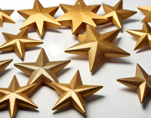 Obraz premium Christmas toys shaped like glittery golden stars with sharp points on a white background. Generative AI