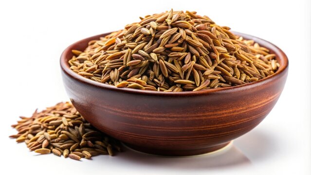 High-resolution macro shot: a bowl of dry, brown cumin seeds, a key ingredient in Indian cuisine and global recipes.