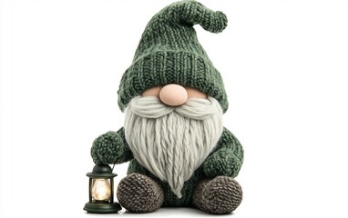 A cozy holiday gnome with a knitted green hat and a lantern, isolated on white