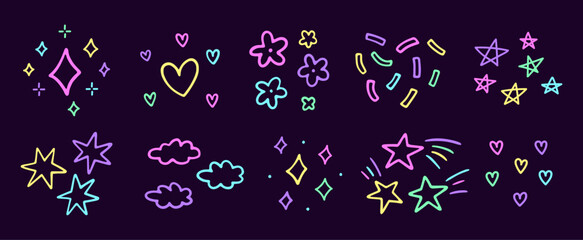 Cute neon decorative design elements. Abstract squiggles of different shapes - stars, hearts, flowers, confetti, sparkles. Vector hand-drawn doodle illustration isolated on dark background.