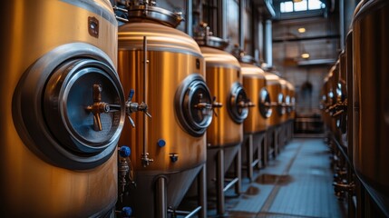 Copper brewery tanks in industrial setting.