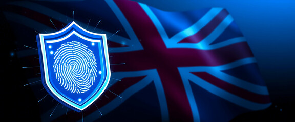 Cyber security concept, Shield icon and fingerprint with UK flag connecting network protection, Cyber Security Data Protection, Information privacy antivirus defence internet technology concept.