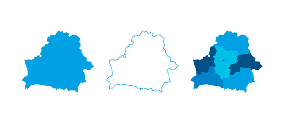 Belarus set of three maps - solid map, outline map and map highlighting administrative divisions. Three distinct maps illustrate various representations of a geographical area.