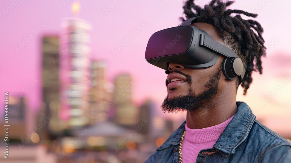 Poster man using vr headset futuristic cityscape background 3d design architecture technology