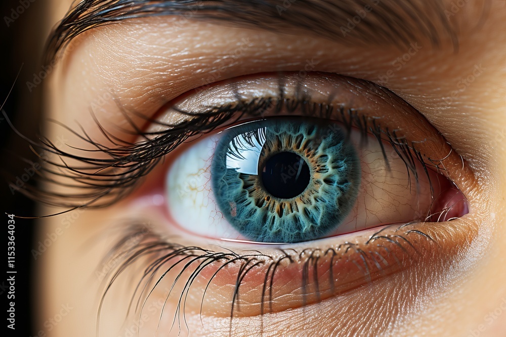 Poster vivid close-up of a striking blue and green eye with intricate patterns. generative ai