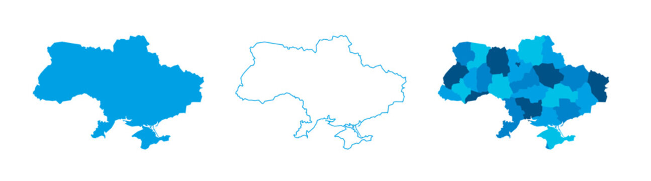Ukraine set of three maps - solid map, outline map and map highlighting administrative divisions. Three distinct maps illustrate various representations of a geographical area.