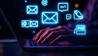 24/7 Online Communication on Laptop, Digital Connectivity and Support, Laptop with Communication Icons and 24/7 Symbol