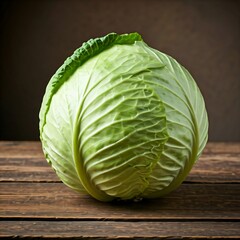 Fototapeta premium Vibrant green cabbage harvested from the garden and placed on a wooden surface