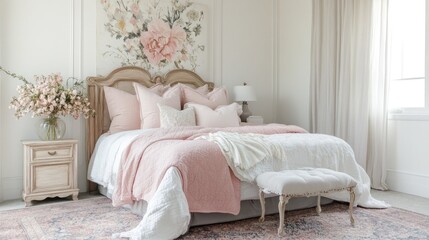 Elegant bedroom with pink bedding, floral wall art, and antique furniture.