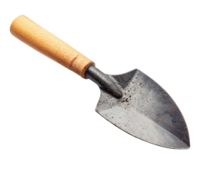 garden trowel with wooden handle and metal blade isolated on transparency background, showing signs of use with soil on blade