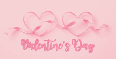 Minimalistic design with two intertwined hearts made of ribbon on a light background and the text: "Happy Valentine's Day" on a pink background.