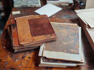 Retro-inspired stationery with print errors, paint smudges, engraved details, warm nostalgic tones