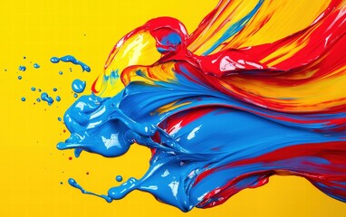 Fototapeta premium A dynamic swirl of vivid liquid paint, blending vibrant reds, blues, and yellows into a mesmerizing pattern against a clear background