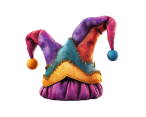 Colorful jester hat with vibrant patches and pom poms, isolated on transparency background, showcasing playful and whimsical design