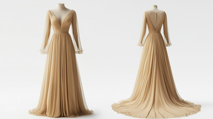 Beige formal dress mockup front and back view isolated on white background for brand presentation

