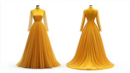 Yellow formal dress mockup front and back view isolated on white background for brand presentation

