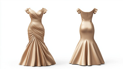 Beige formal dress mockup front and back view isolated on white background for brand presentation

