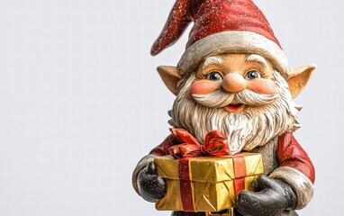 A festive gnome holding a tiny wrapped gift, isolated on a white backdrop
