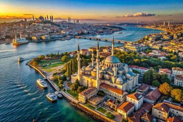 Naklejka premium Stunning Aerial Panoramic View of Istanbul's European Side & Bosphorus Strait