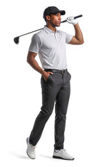Professional black African golfer posing with a golf club over her shoulder