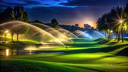 Obraz premium Night photography reveals efficient sprinkler system watering, ensuring lush greens on the low-light golf course.