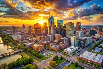 Stunning Aerial View of Downtown Nashville Skyline, Tennessee - Copy Space