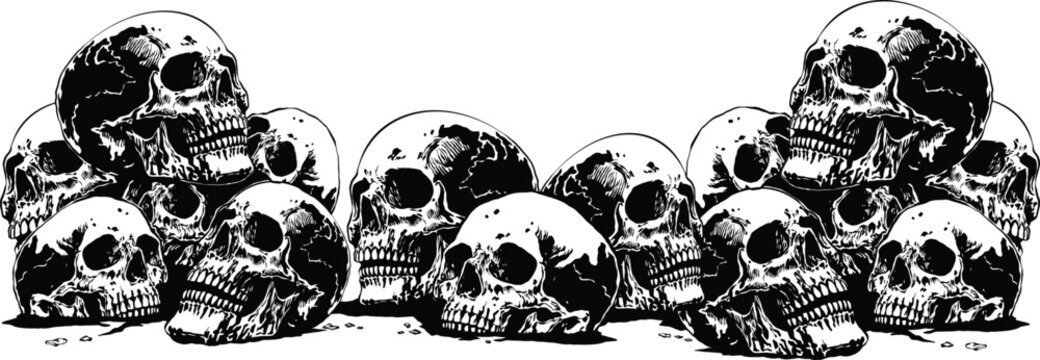 Skulls piled up in horrific places vector art background