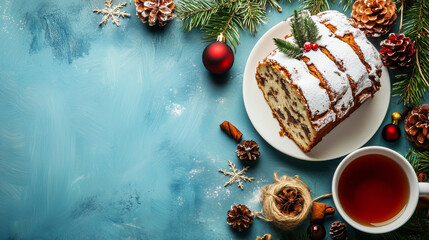 Christmas stollen. Traditional German festive dessert with cup of tea